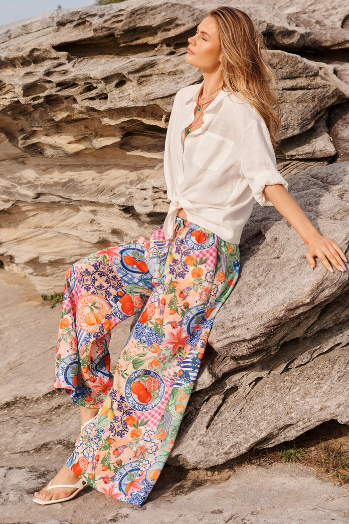 Romeo Pant in Multi Fruit Patchwork Linen Blend campaign full length