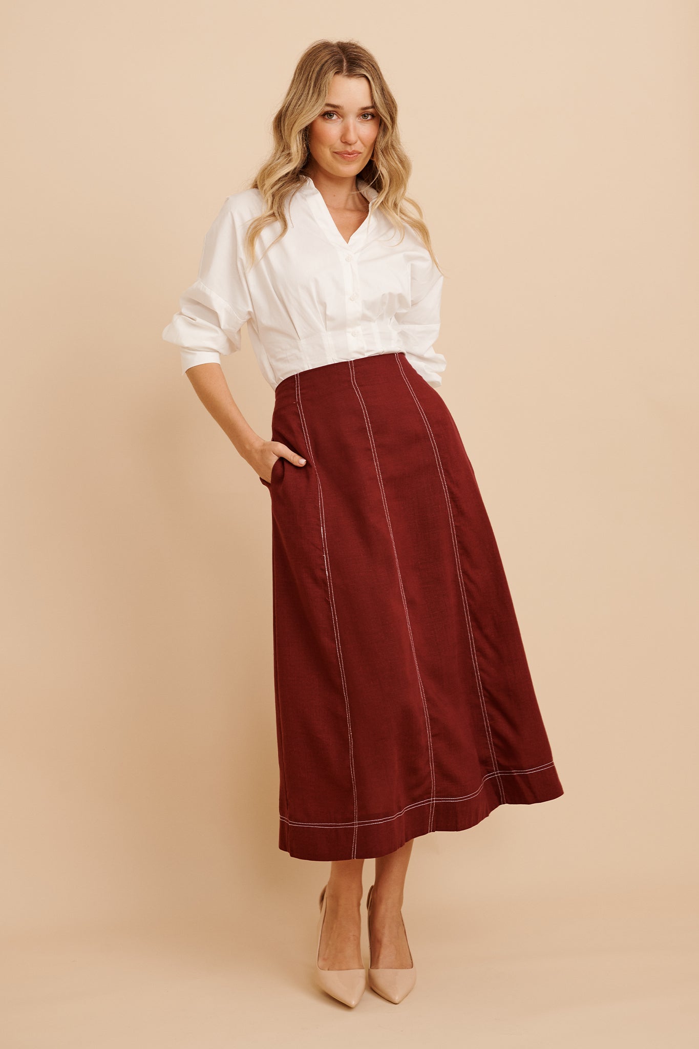 Sharp Hour Maxi Skirt in Wine Linen Blend focus shoot full