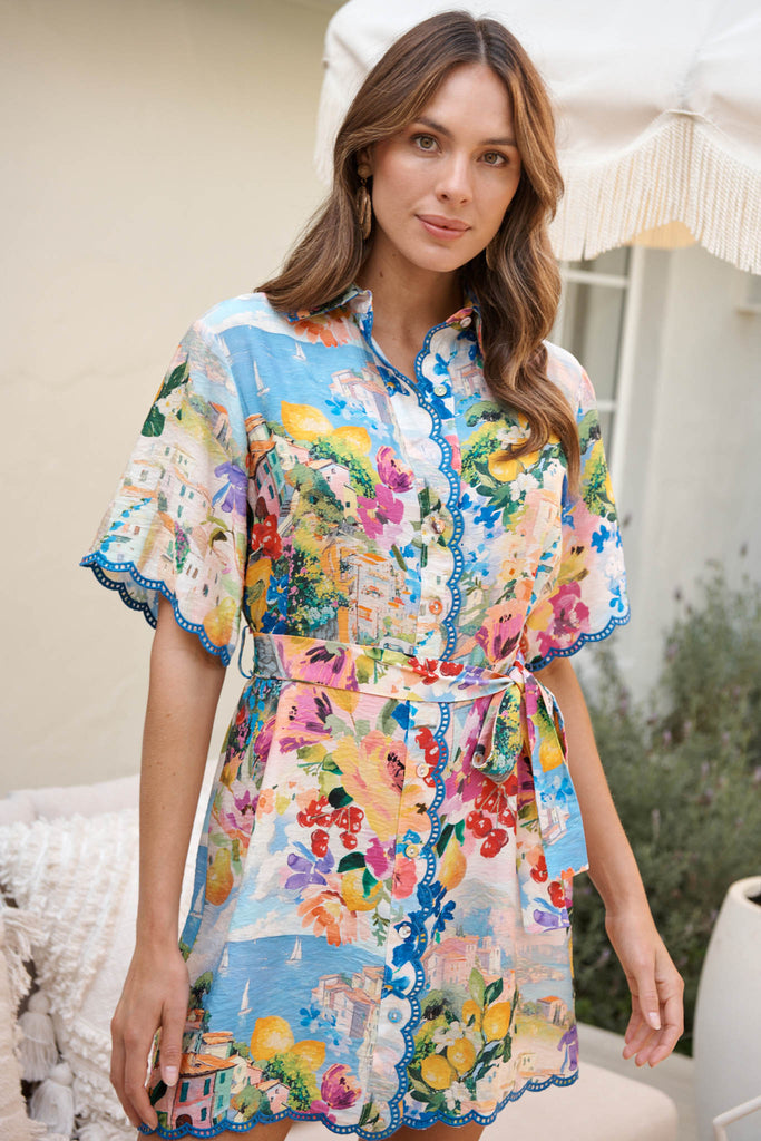 Miela Shirt Dress in Multi Floral with Navy Trim campaign front