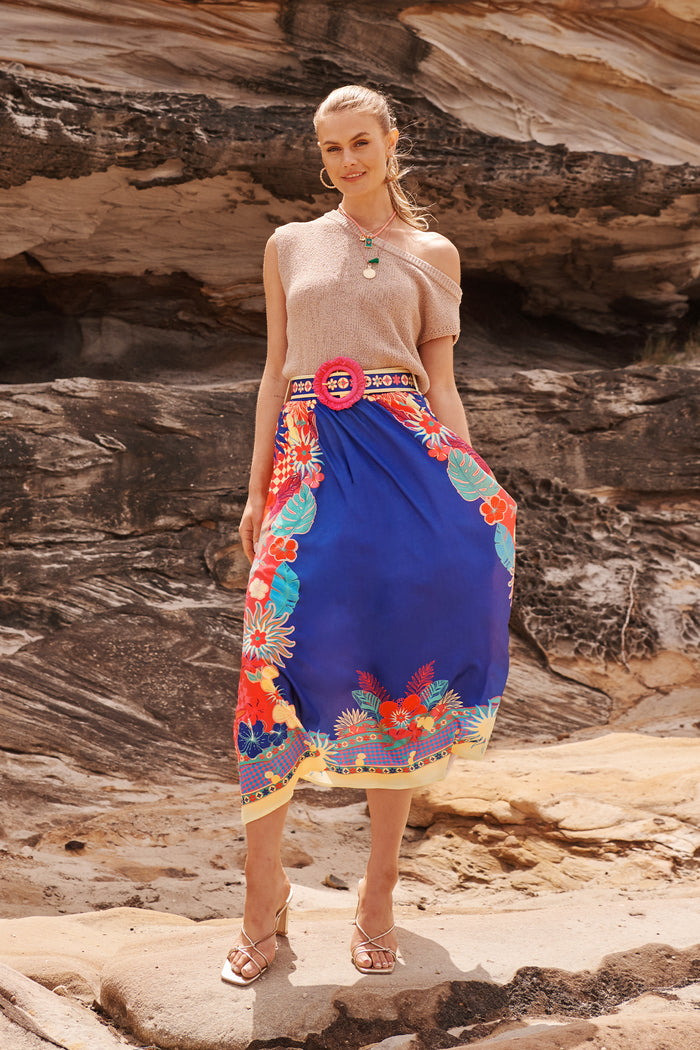 Tropic Drift Maxi Skirt in Blue with Multi Print Linen Blend campaign full length
