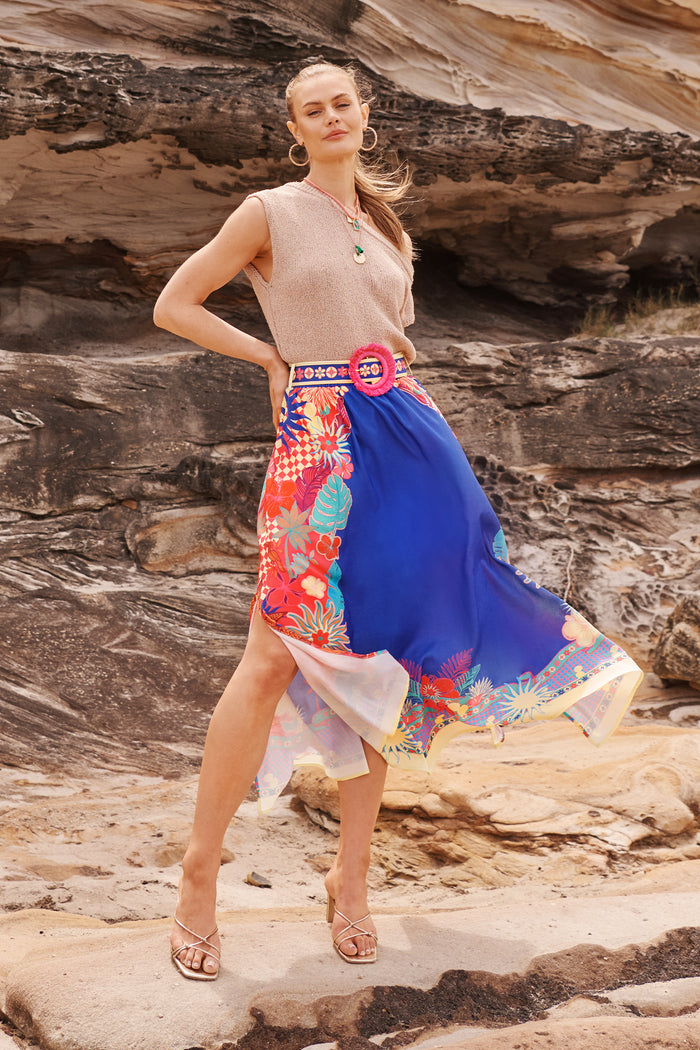 Tropic Drift Maxi Skirt in Blue with Multi Print Linen Blend campaign full length