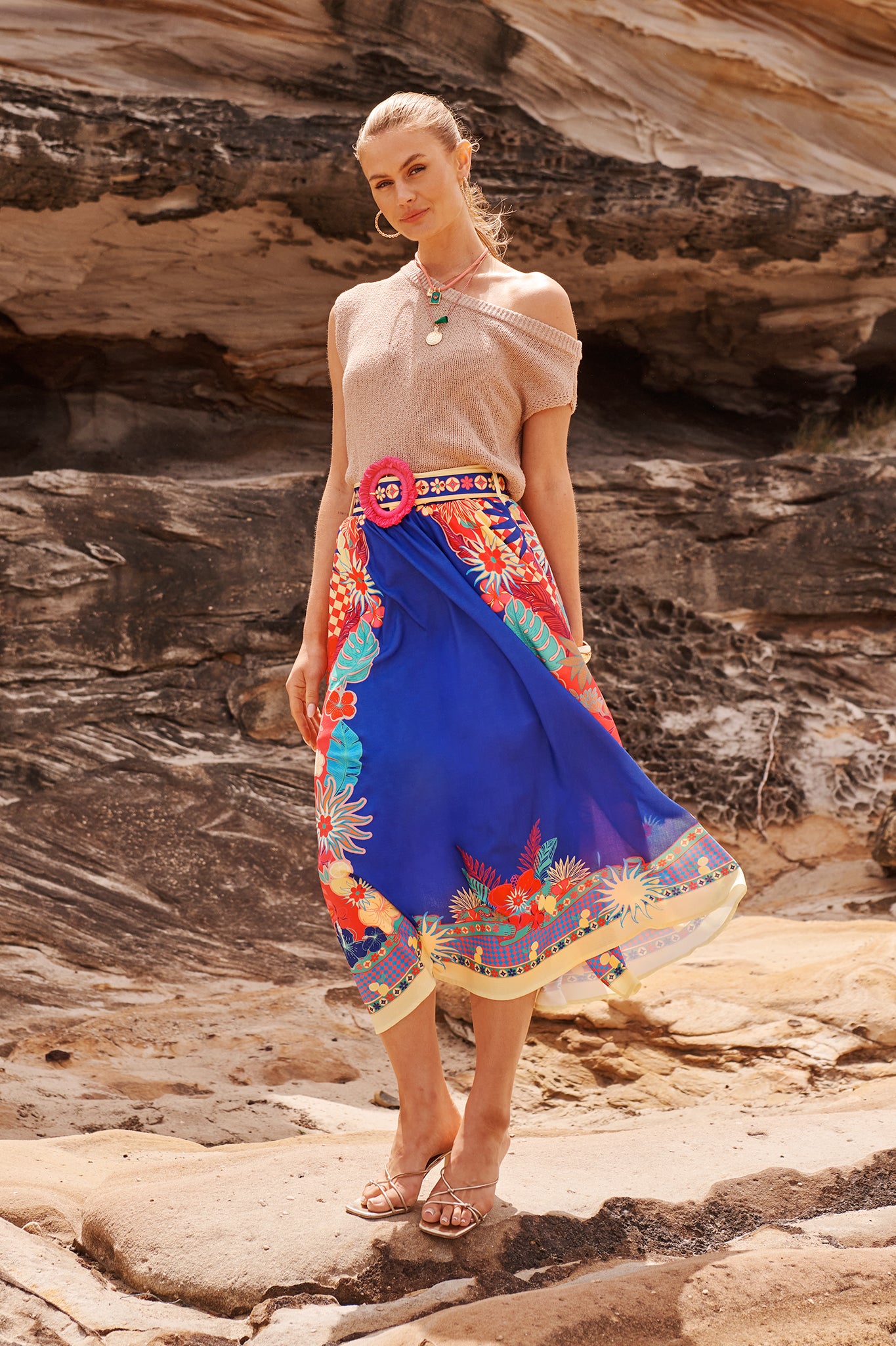 Tropic Drift Maxi Skirt in Blue with Multi Print Linen Blend campaign full length