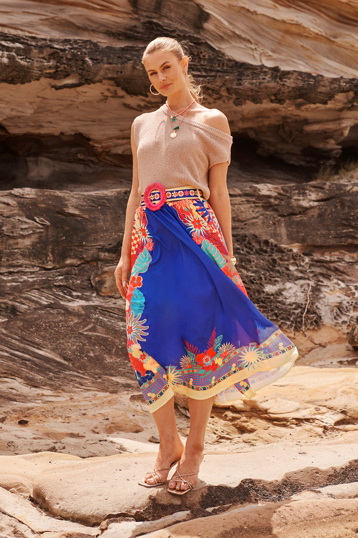 Tropic Drift Maxi Skirt in Blue with Multi Print Linen Blend
