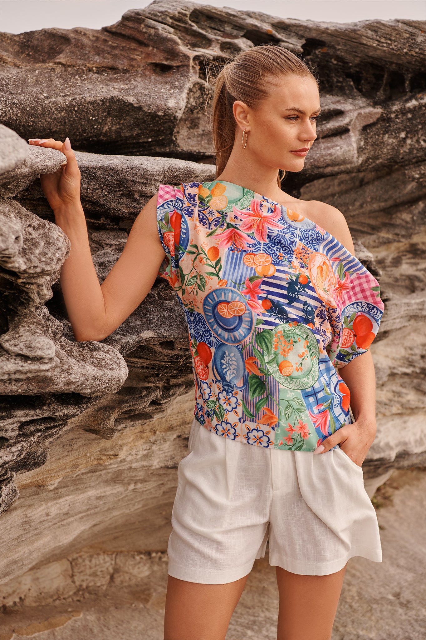 Lunaria Off Shoulder Top in Multi Fruit Patchwork Linen Blend campaign front