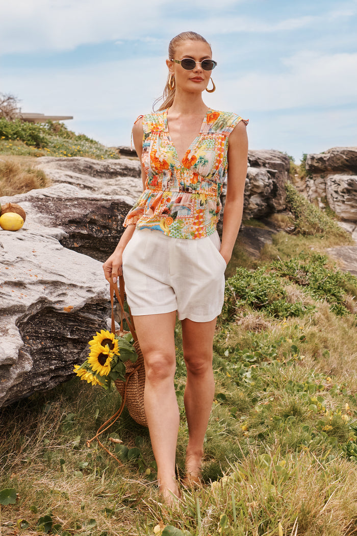 Island Sway Top in Multi Postcard Print campaign front