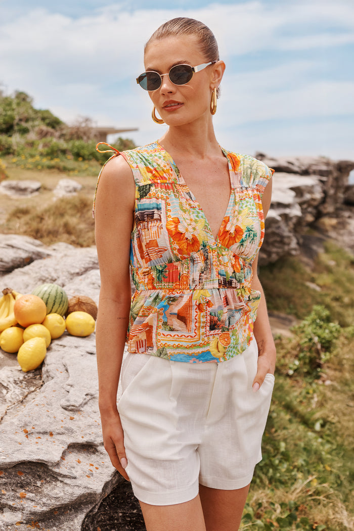 Island Sway Top in Multi Postcard Print campaign full length