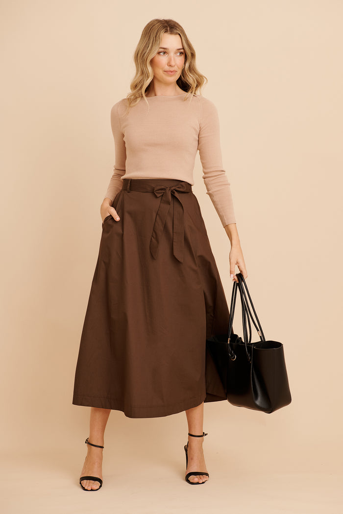Statement Maxi Skirt in Chocolate Cotton focus shoot full
