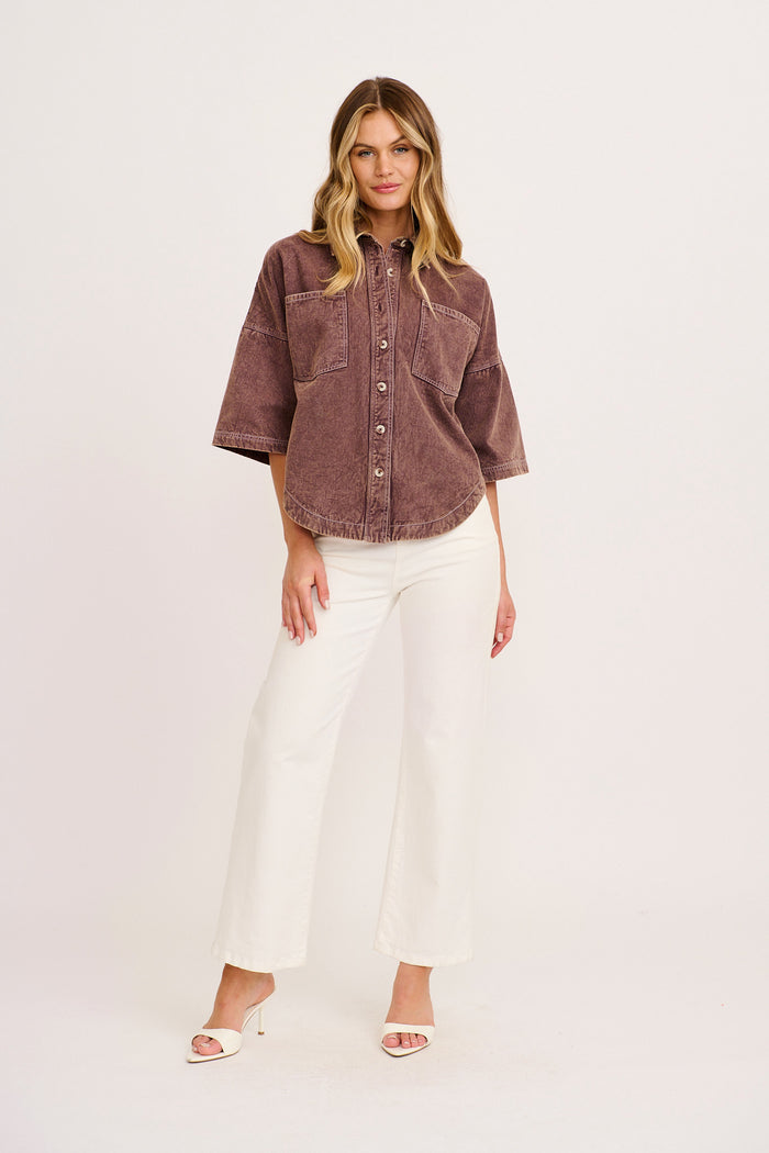 Legacy Shirt in Chocolate Cotton Twill full length