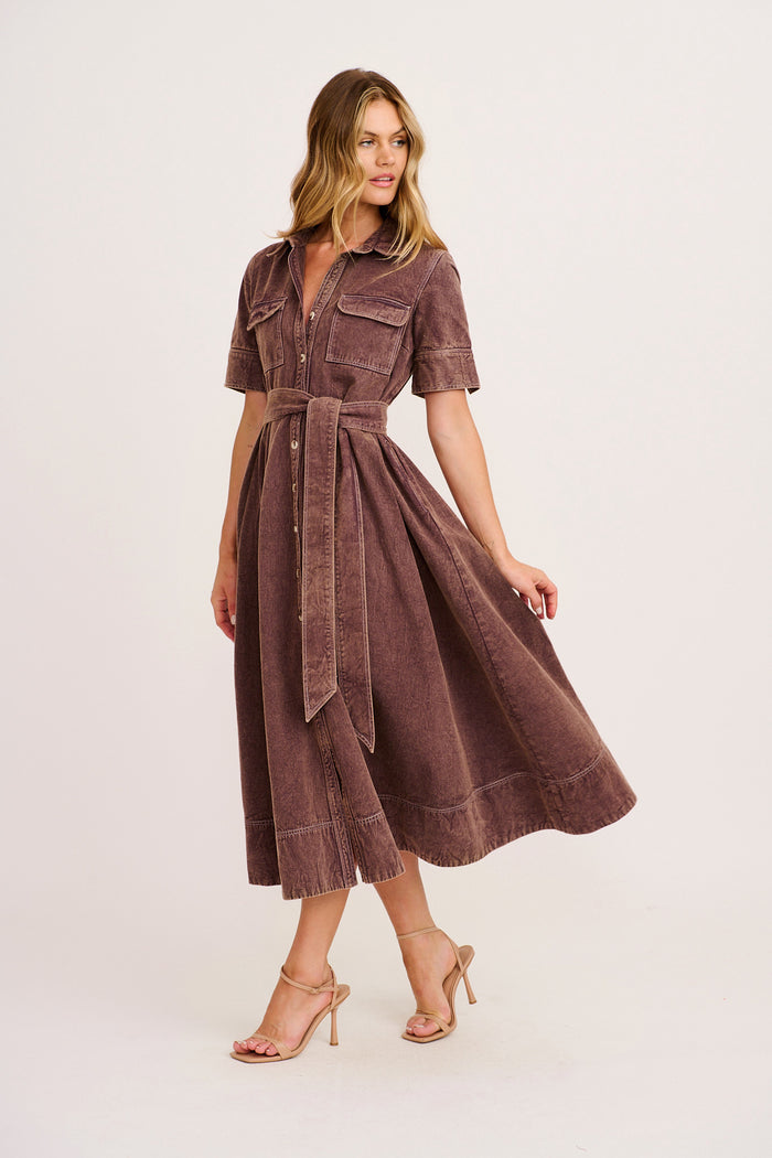 PRE ORDER Heritage Maxi Shirt Dress in Chocolate Cotton Twill side