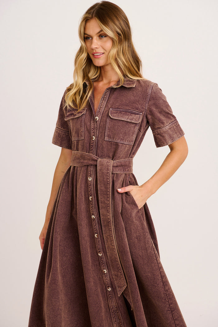 PRE ORDER Heritage Maxi Shirt Dress in Chocolate Cotton Twill front