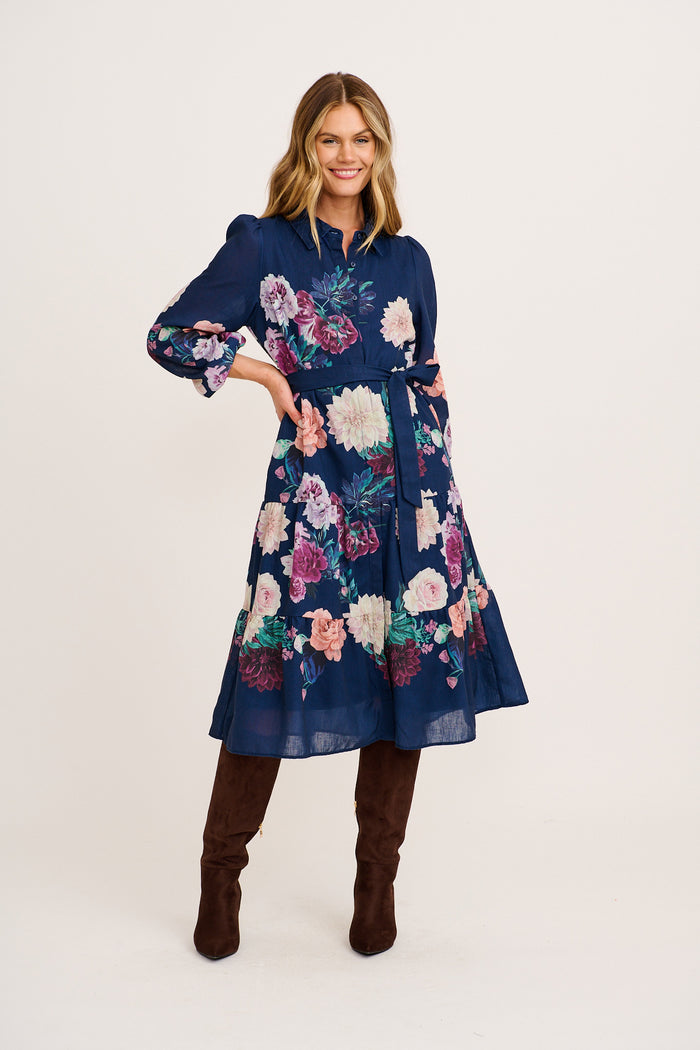 Amaryllis Midi Shirt Dress in Navy with Multi Floral full length