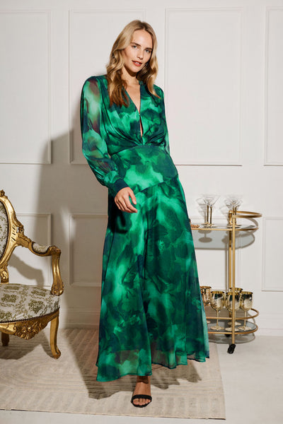 Martina Maxi Dress in Green Watercolour Chiffon