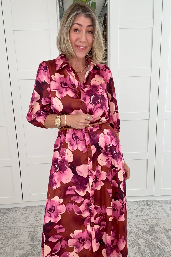 Elevation Maxi Shirt Dress in Wine with Blush Floral Satin nat angel