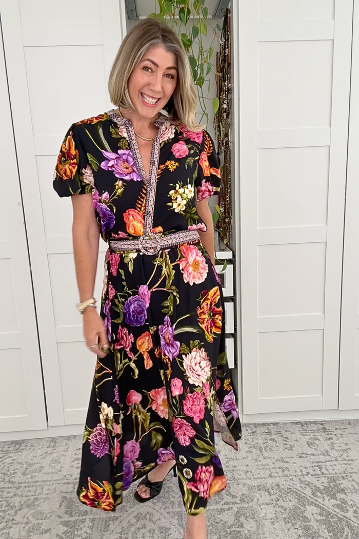 Evening Serenade Maxi Dress in Black with Multi Floral nat angel