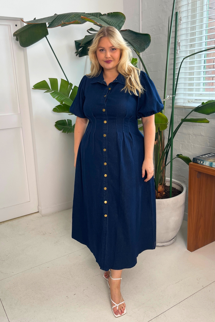 PRE ORDER Fine Form Midi Dress in Indigo Denim ugc