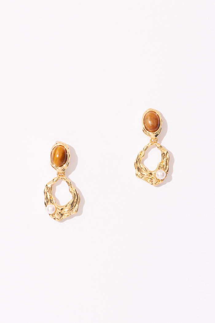 Freya Drop Earrings in Brown Stone with Gold Textured flatlay