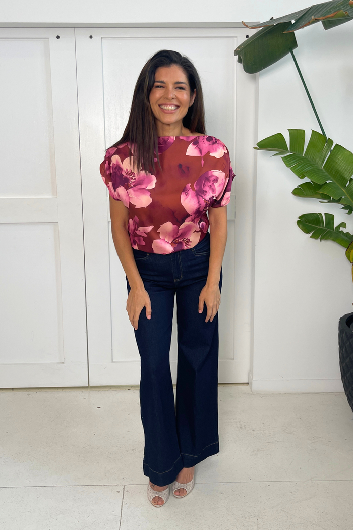 Island Aura Off Shoulder Top in Wine with Blush Floral Satin ugc