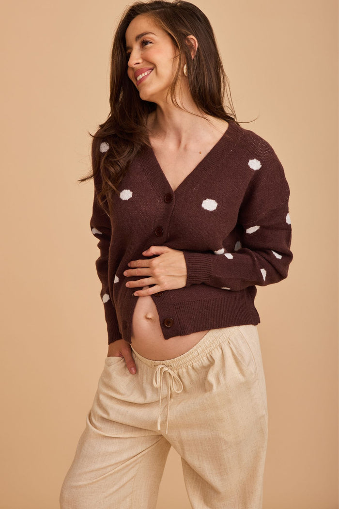Comforting Knit Cardigan in Chocolate Polka Dot focus front