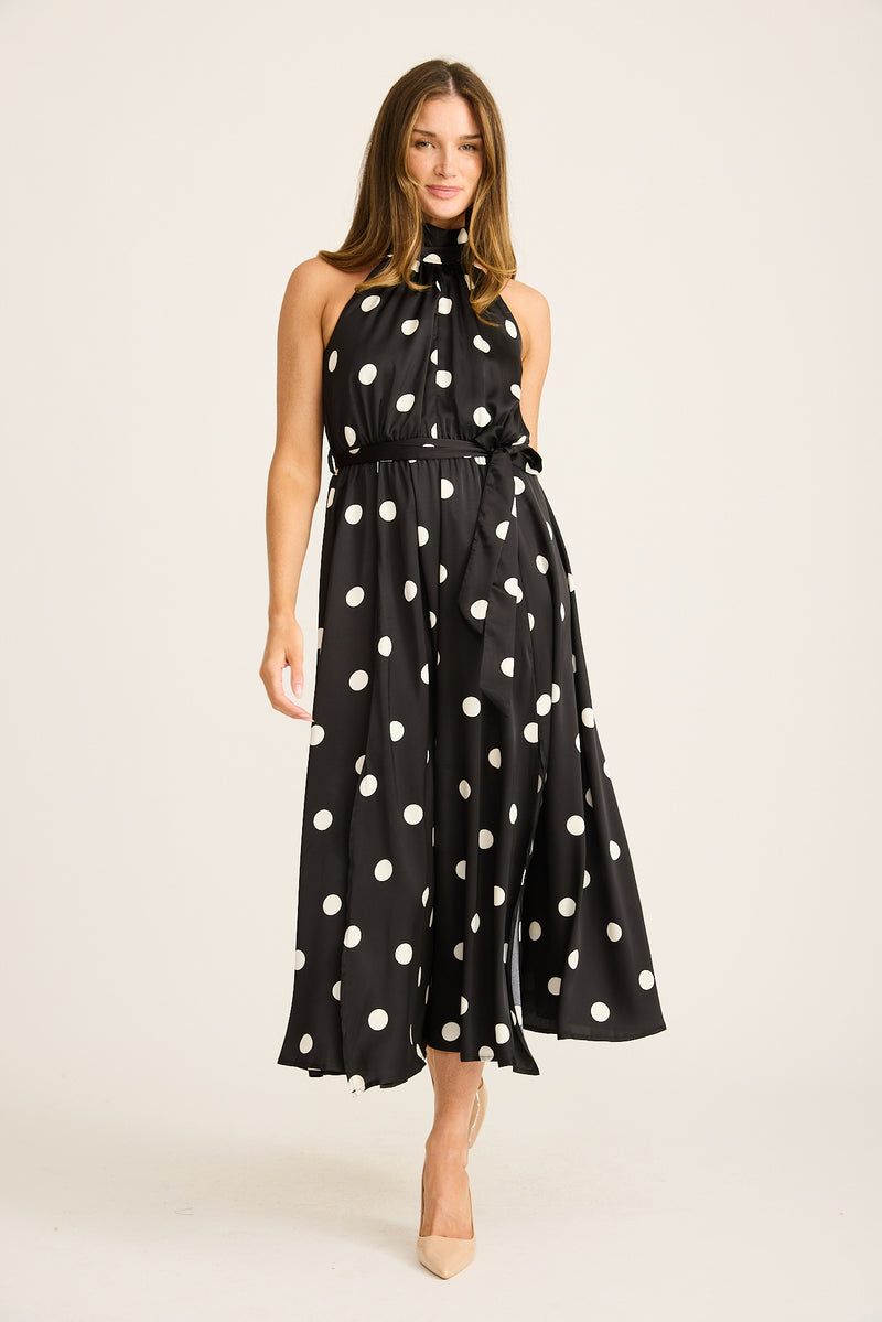 Kiss Me Halter Neck Maxi Dress in Black with White Spot