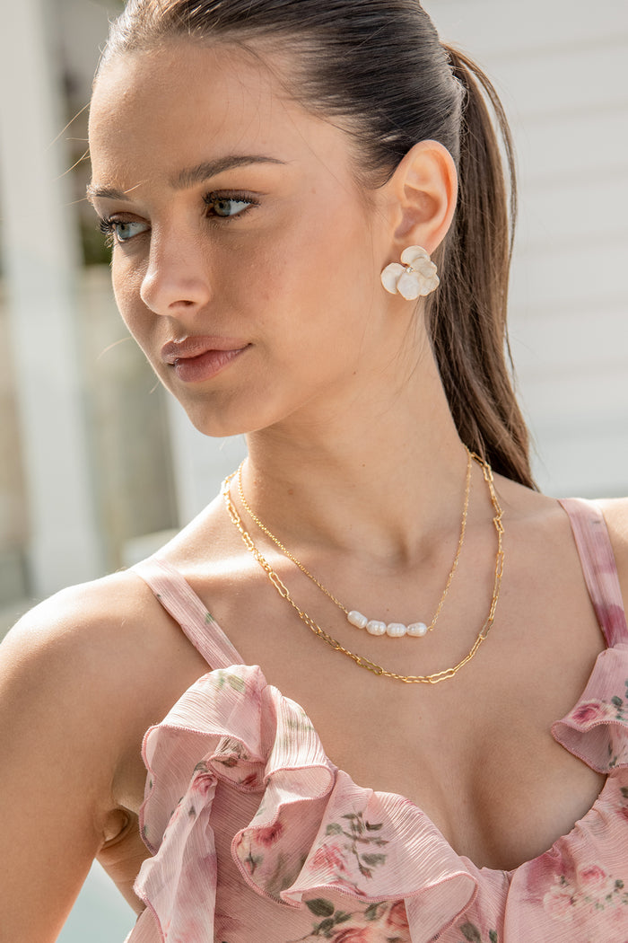 Celina Layered Necklace in Gold with Pearl campaign on model front