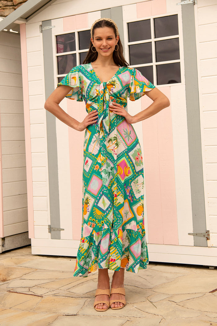 Georgina Maxi Dress In Green with Multi Tile Print campaign full length