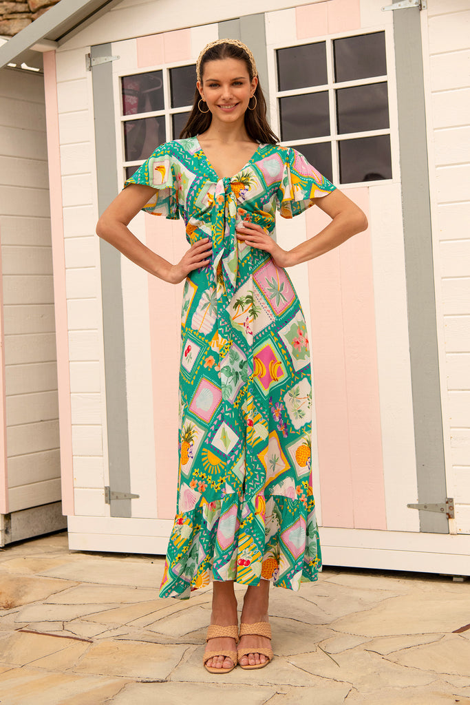Georgina Maxi Dress In Green with Multi Tile Print campaign full length