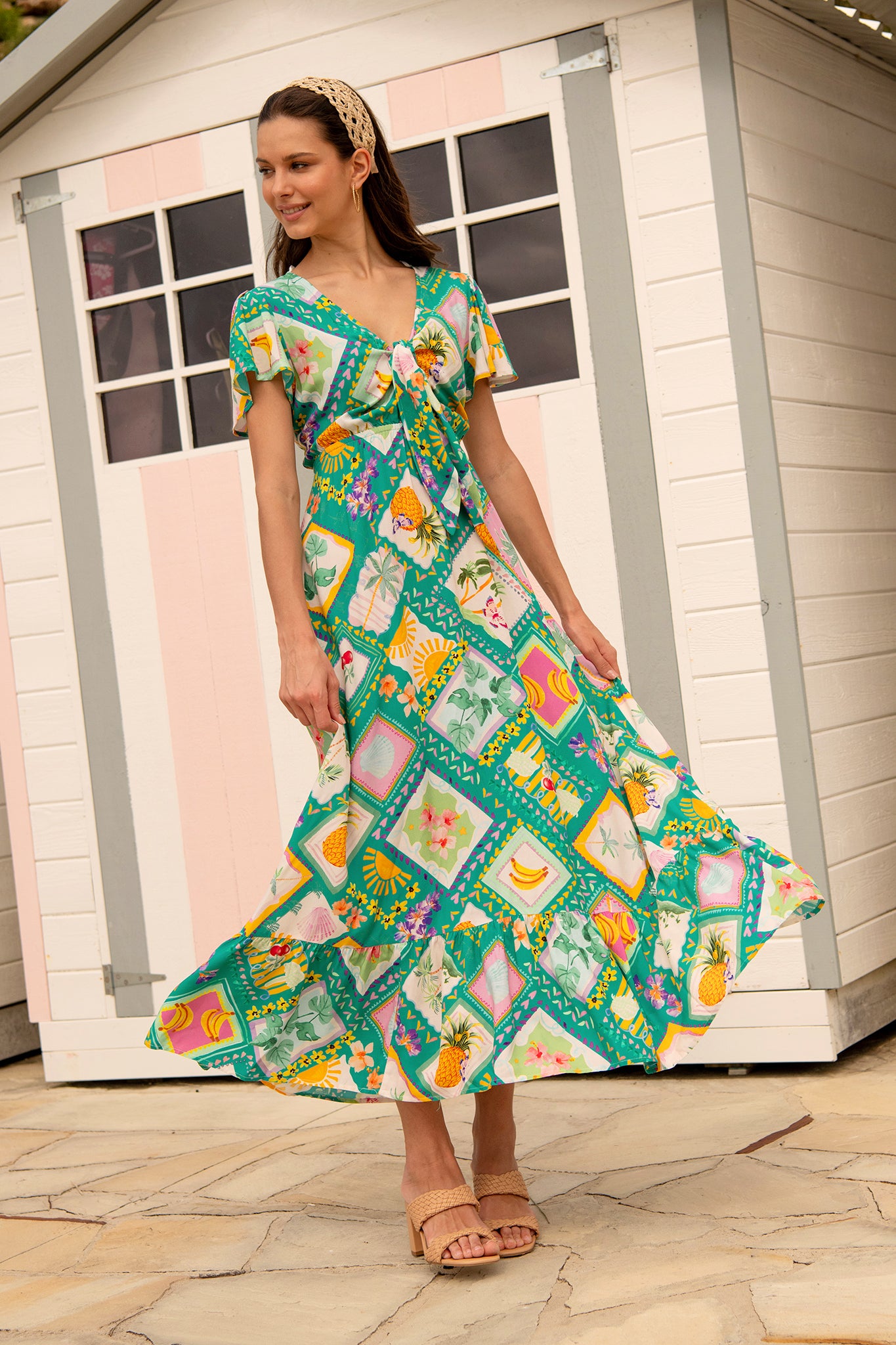 Georgina Maxi Dress In Green with Multi Tile Print campaign full length