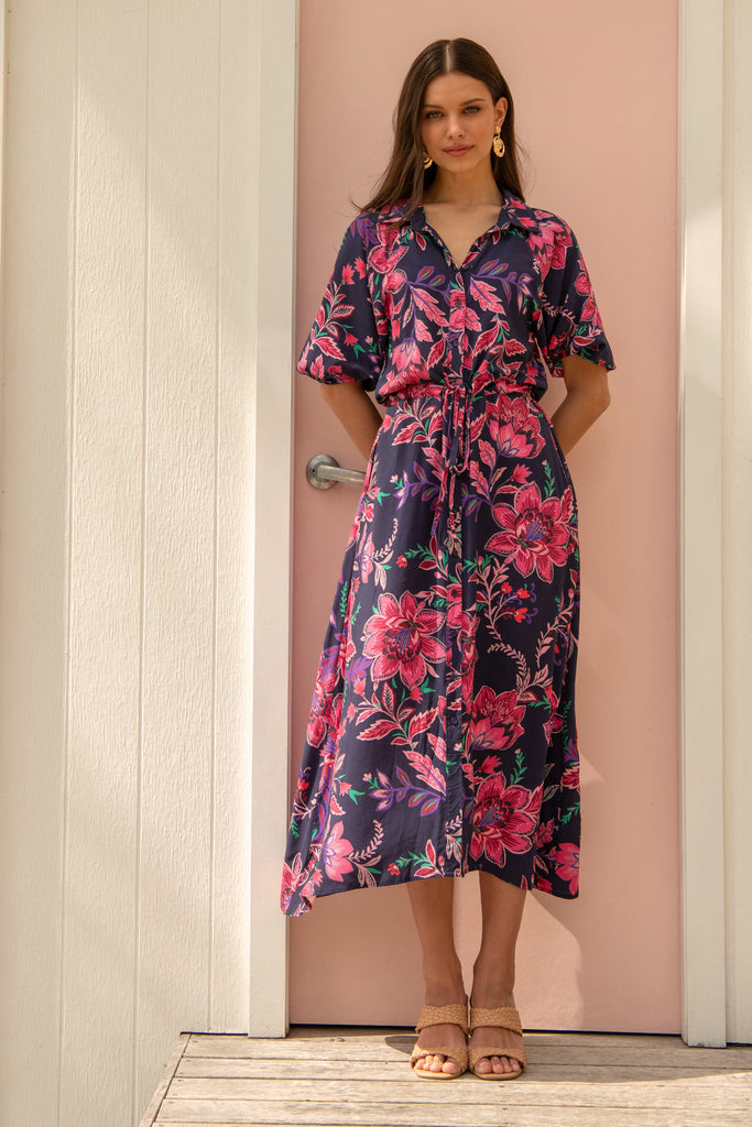 Isla Botanica Midi Shirt Dress in Navy with Pink Floral campaign full length