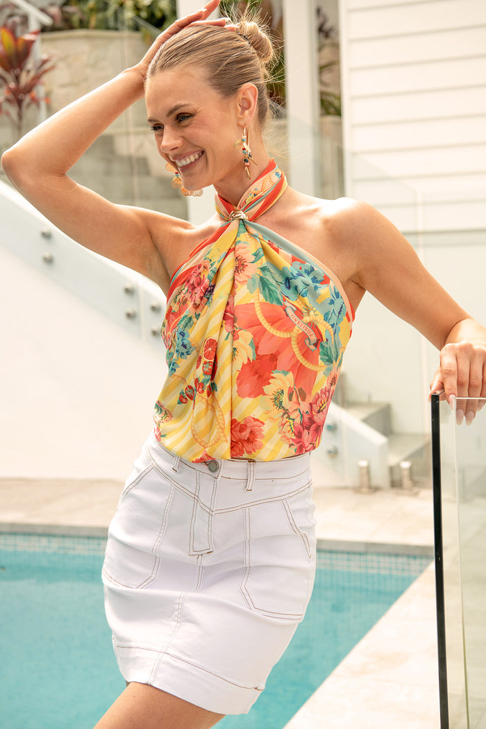 Tropea Scarf in Red and Yellow Border Print campaign front