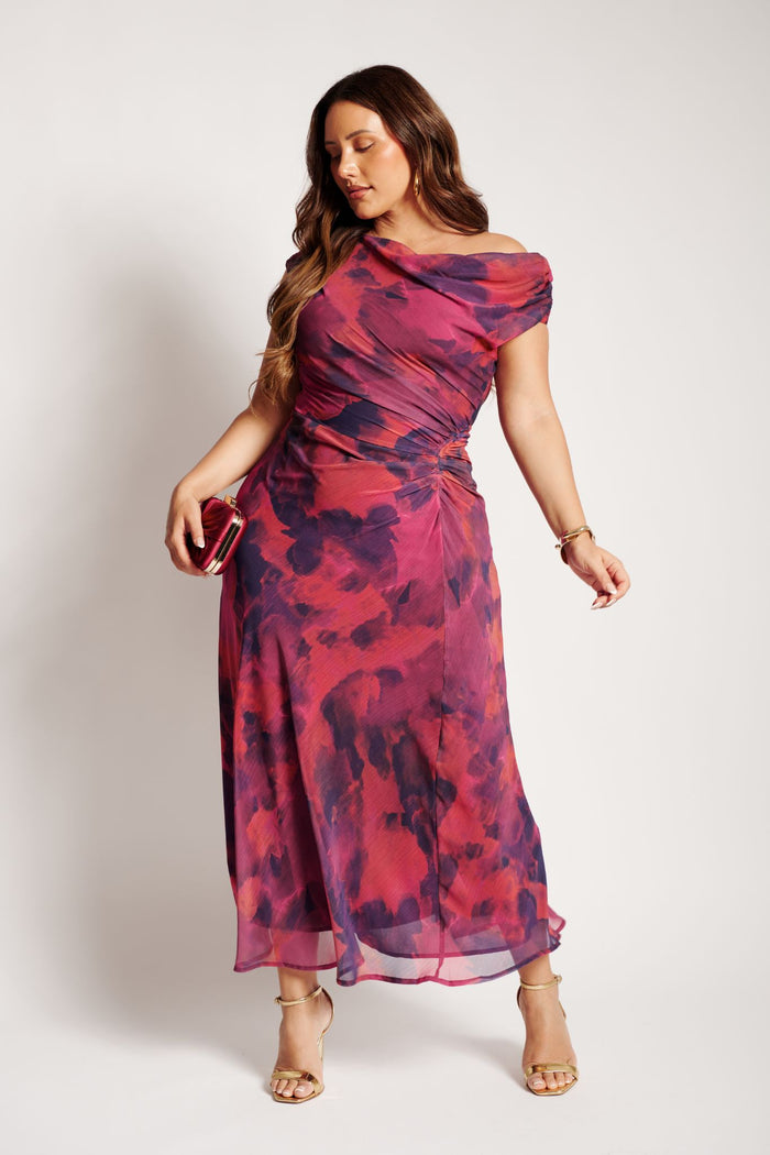 Marielle Off Shoulder Maxi Dress in Purple Watercolour Chiffon