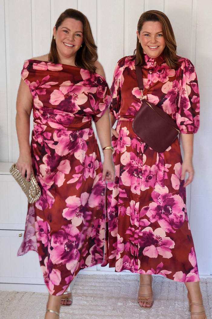 Luvella Maxi Off shoulder Dress in Wine with Blush Floral Satin