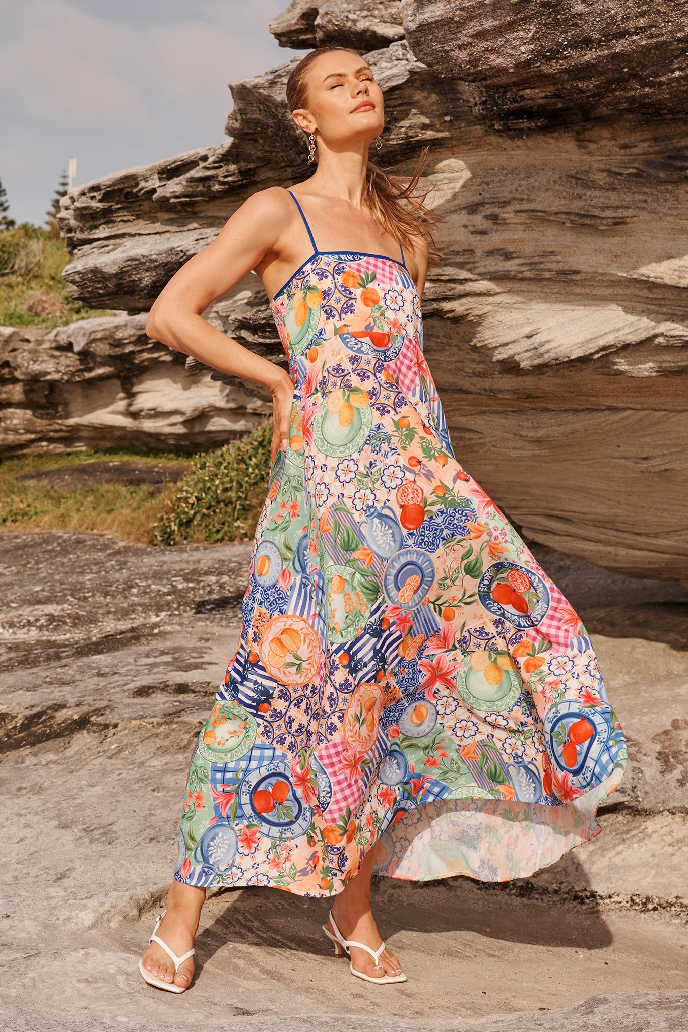 Juicy Tropic Maxi Sundress in Multi Fruit Patchwork Linen Blend campaign full length