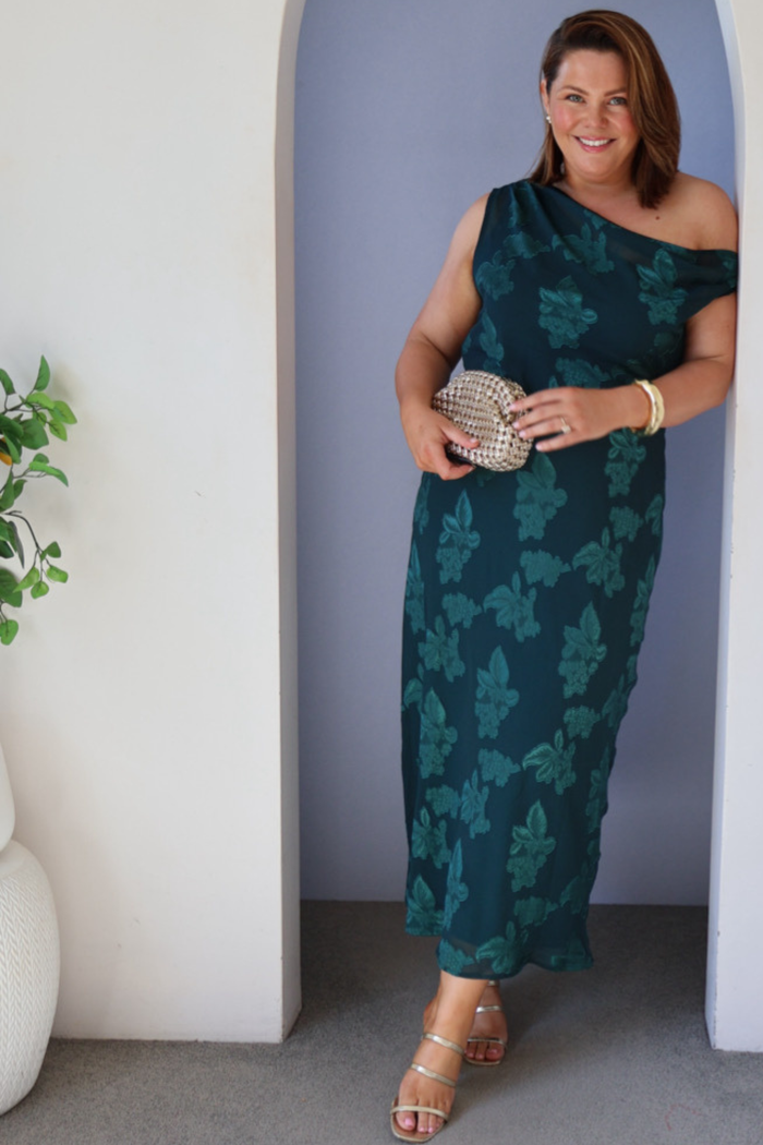 Lunar Romance Off Shoulder Maxi Dress in Emerald Burnout Chiffon UGC stace