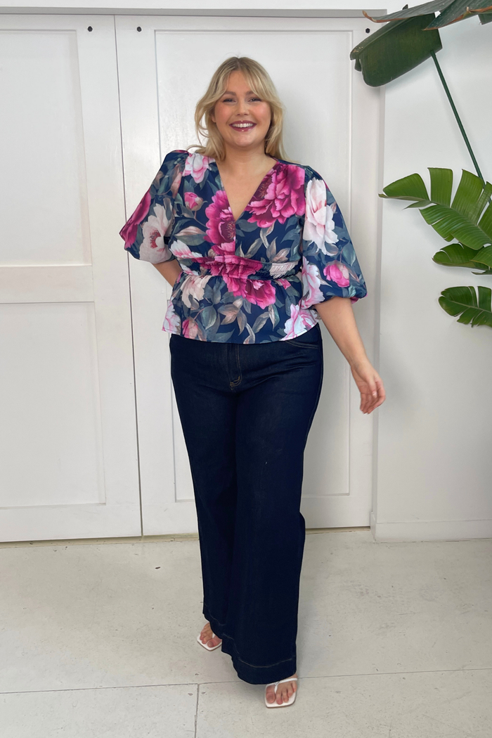 Perfection Top In Navy with Pink Floral Linen Blend ugc