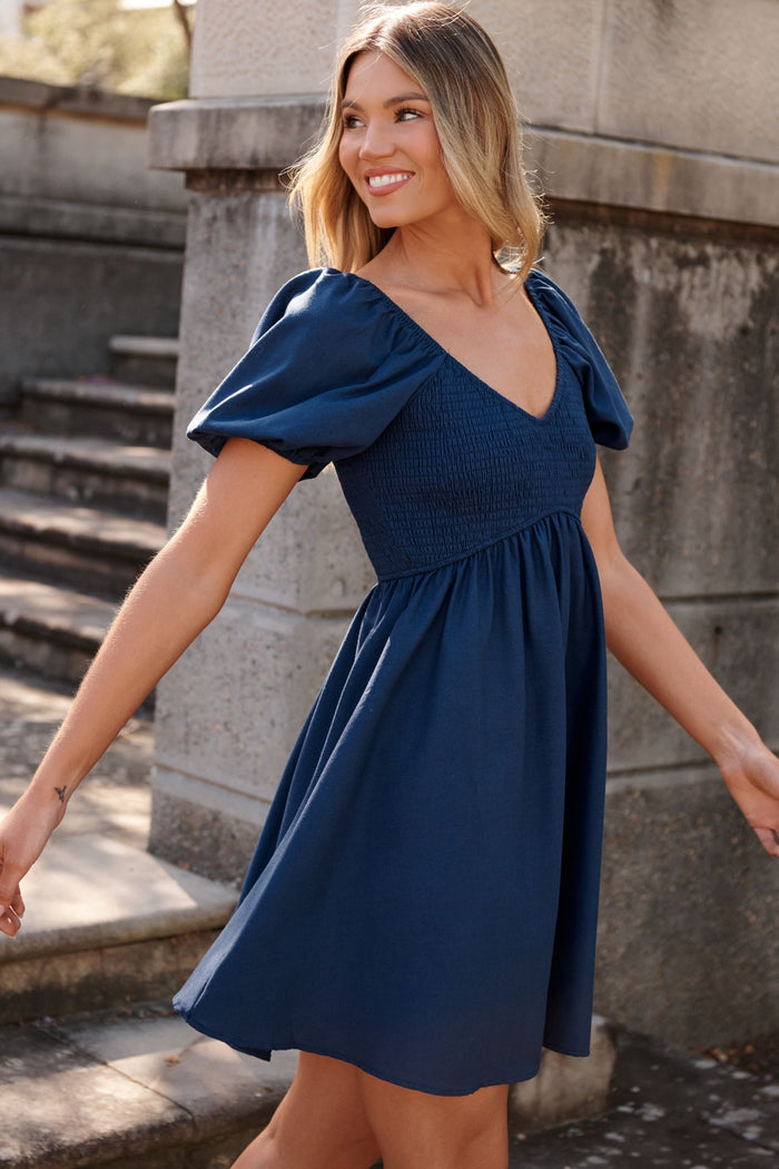 Pure Aure Dress in Navy Linen Blend focus front