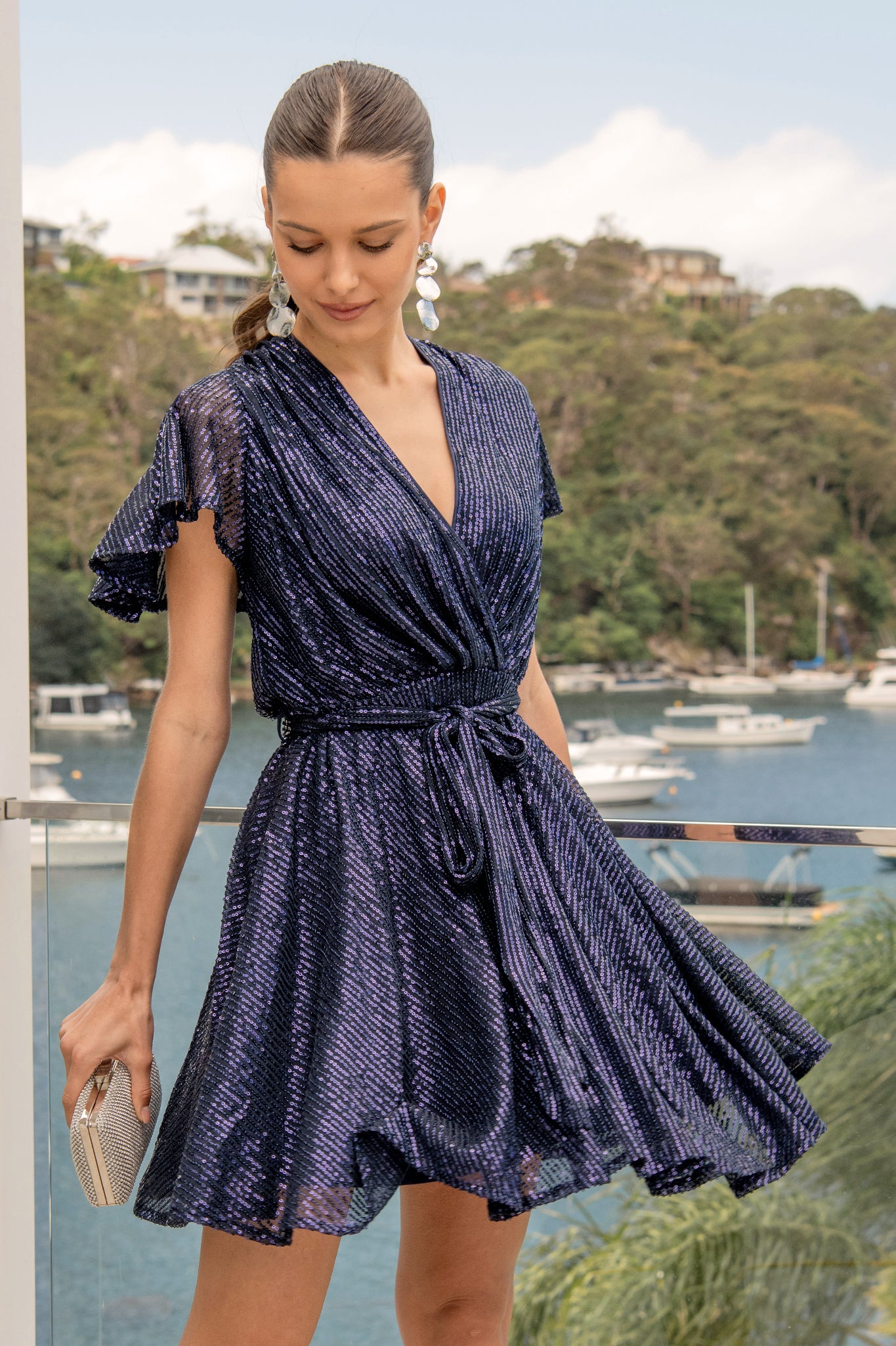 Amoretto Dress in Navy Sequin campaign on model front