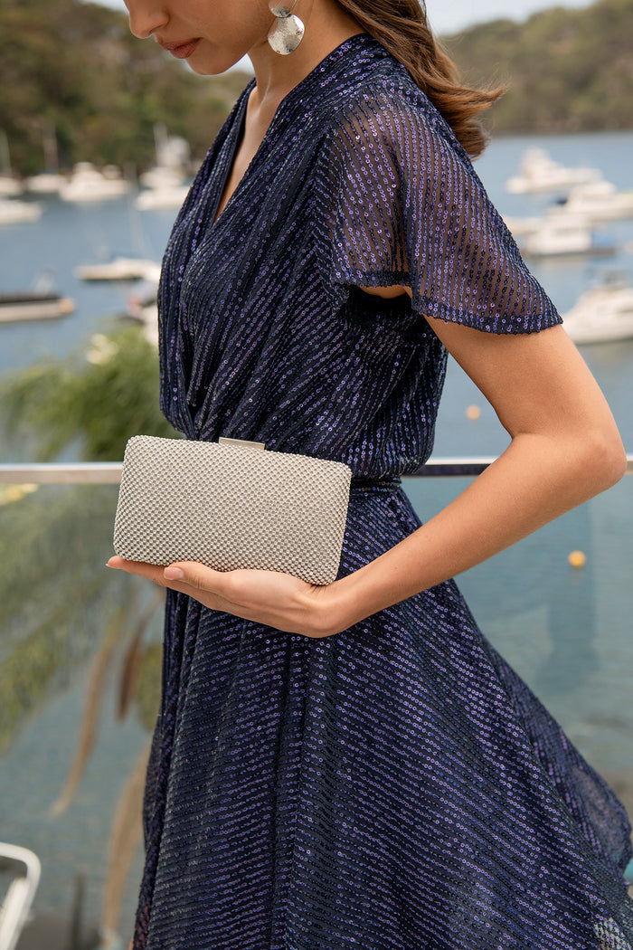 Stella Evening Clutch in Silver Crystal Mesh campaign on model side