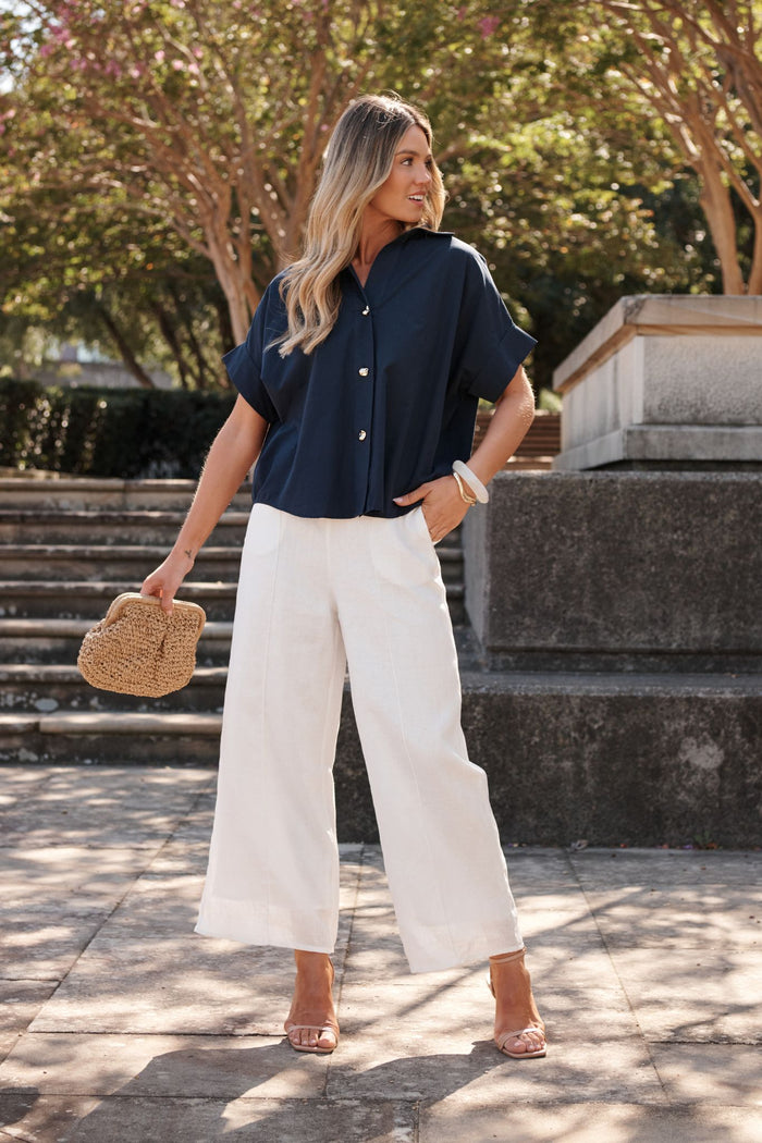 Refined Shirt in Navy Cotton focus shoot full length