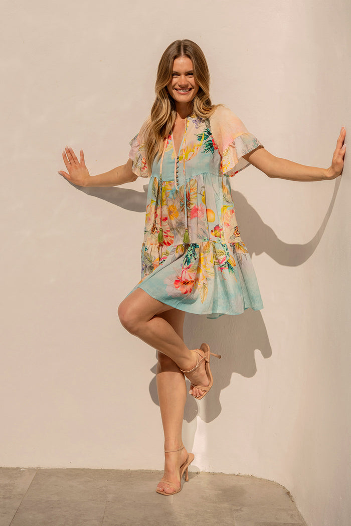 Whimsical Charm Smock Dress in Multi Tropical Floral Print campaign full length