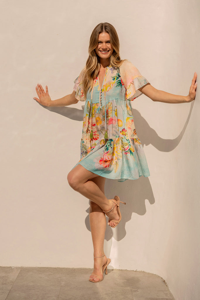 Whimsical Charm Smock Dress in Multi Tropical Floral Print campaign full length