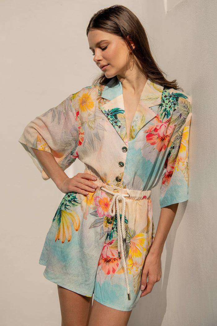 Island Dreamscape Playsuit in Multi Tropical Floral Print campaign front