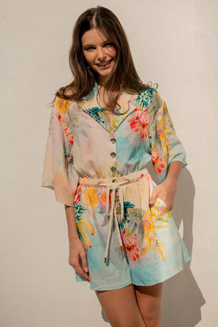 Island Dreamscape Playsuit in Multi Tropical Floral Print campaign front