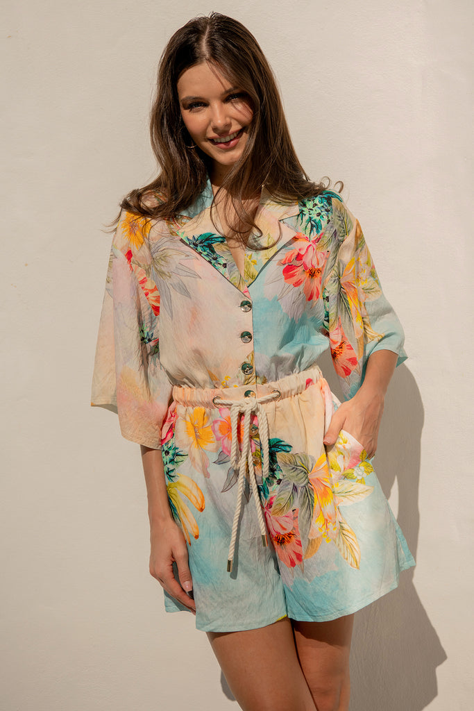 Island Dreamscape Playsuit in Multi Tropical Floral Print campaign front