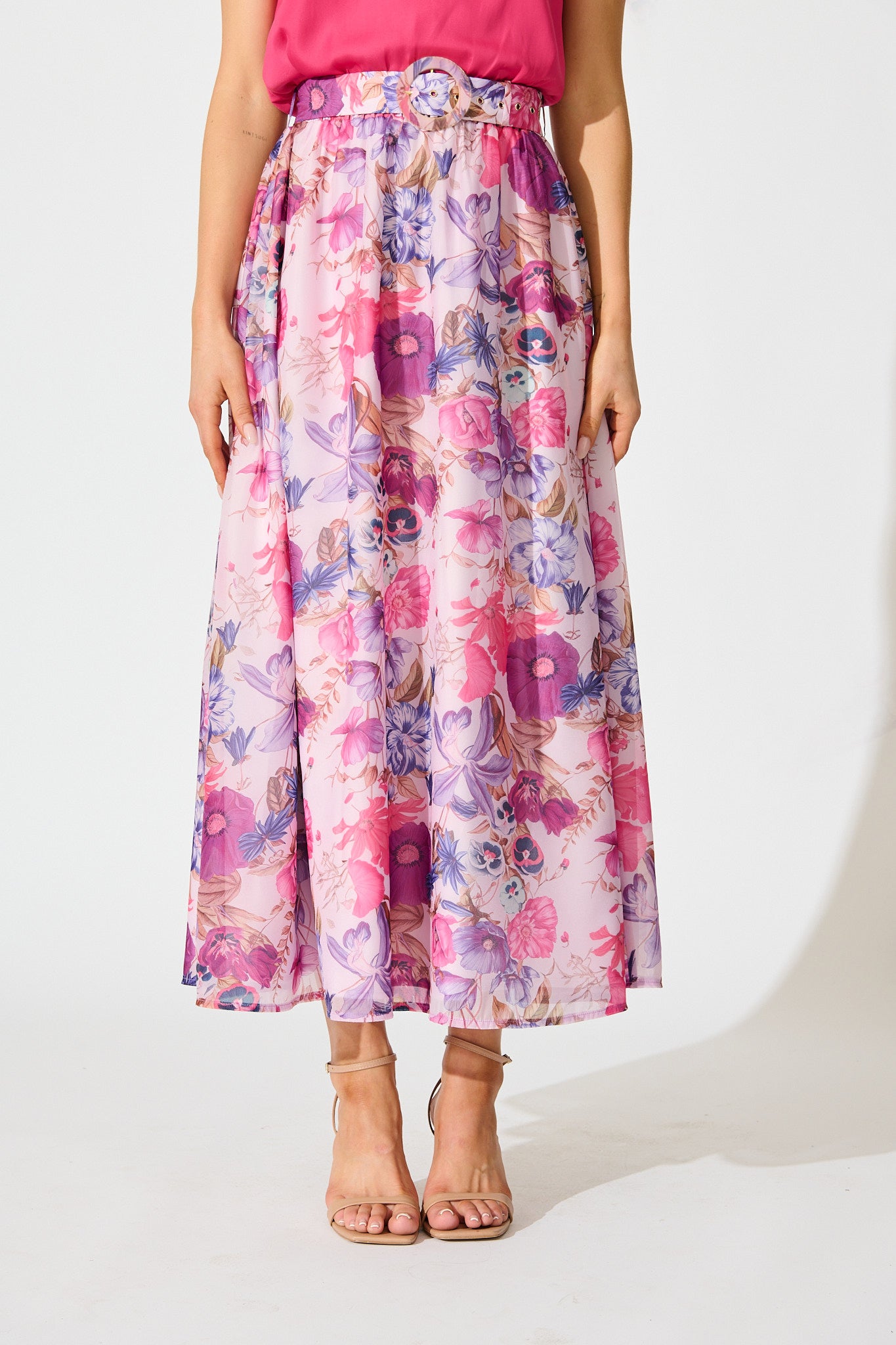Lavish Luxe Maxi Skirt in Purple Floral Organza front