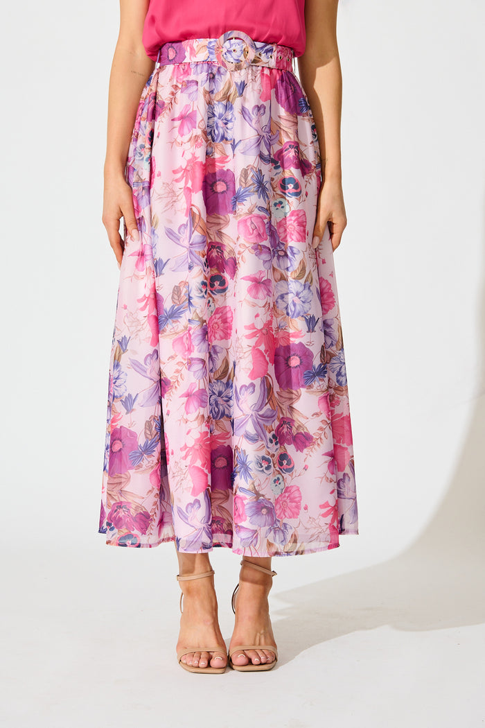 Lavish Luxe Maxi Skirt in Purple Floral Organza front