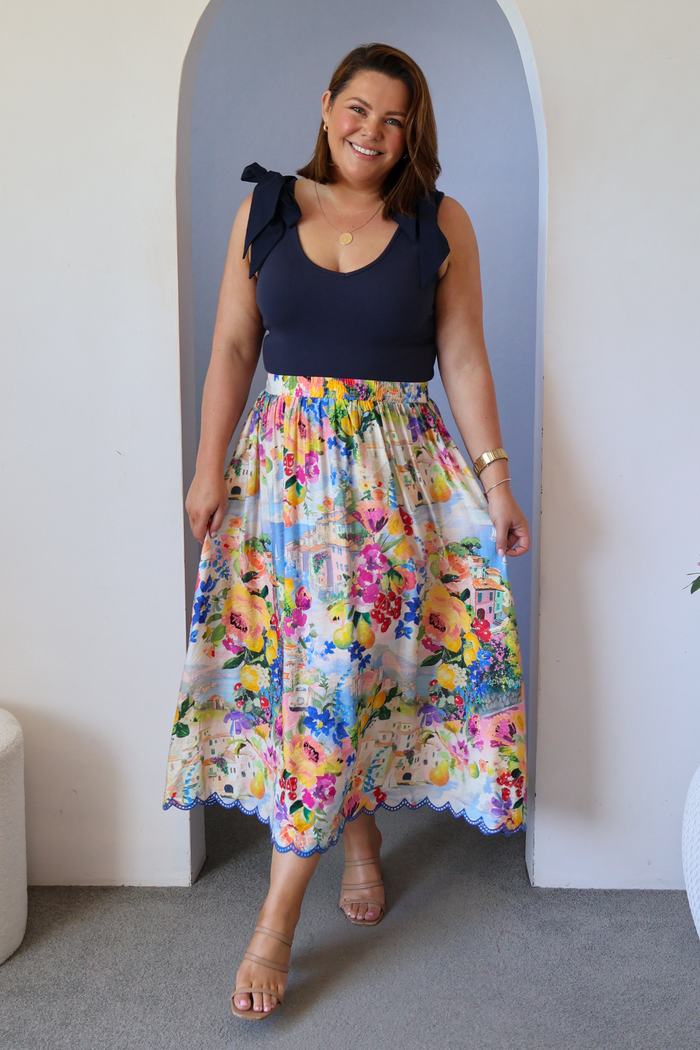 Painted Riveria Maxi Skirt in Multi Floral with Navy Trim ugc stace