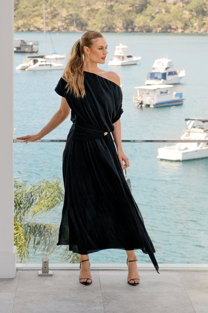 Gena Off Shoulder Maxi Dress in Black Plisse campaign full length