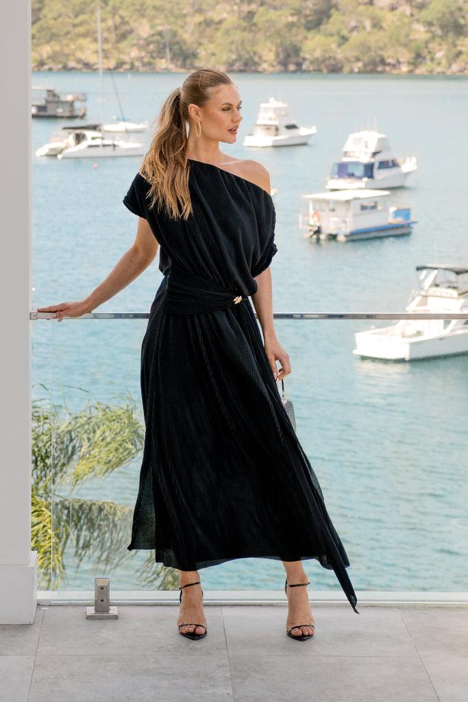 Gena Off Shoulder Maxi Dress in Black Plisse campaign full length