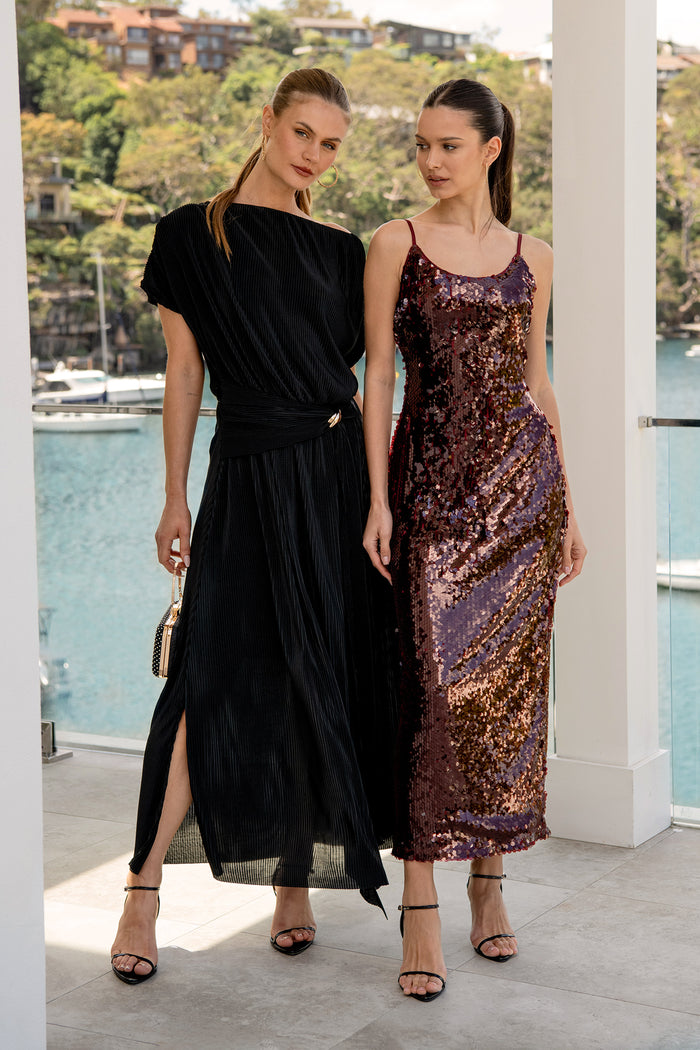 PRE ORDER Out Till Dawn Midi Dress in Wine Sequin campaign two models full