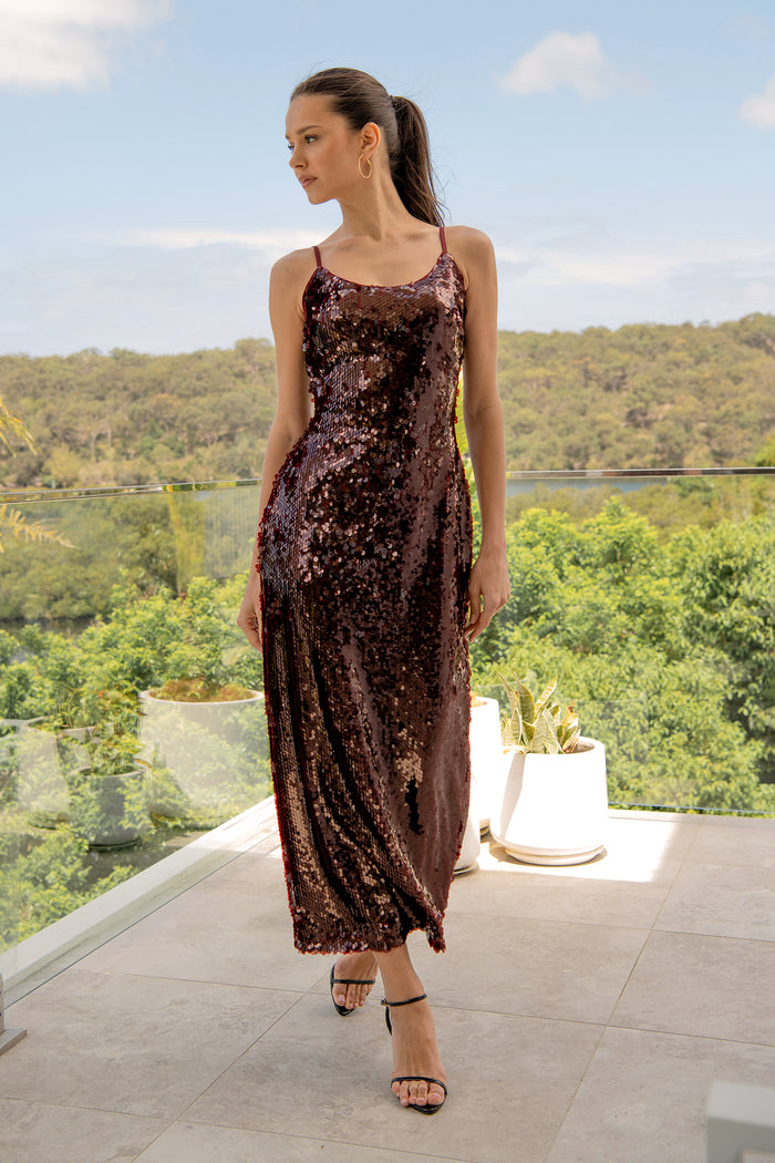 PRE ORDER Out Till Dawn Midi Dress in Wine Sequin campaign full length